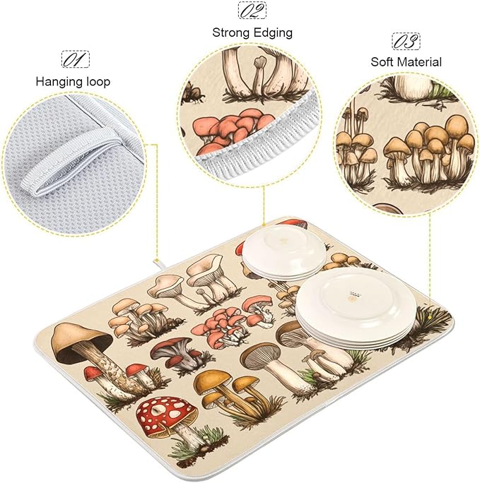 Retro Types and Shapes Mushrooms Dish Drying Mat for Kitchen Counter Super Absorbent Dishes Pad Reversible Microfiber Protector Dish Draining Mats 18x24 inch