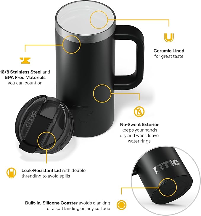 RTIC 16oz Road Trip Travel Mug with Lid and Handle, Ceramic Lined, Insulated, Stainless Steel, Metal, Double Wall Vacuum-Insulation, Portable Coffee, Tea Cup for Hot and Cold Drink, Black