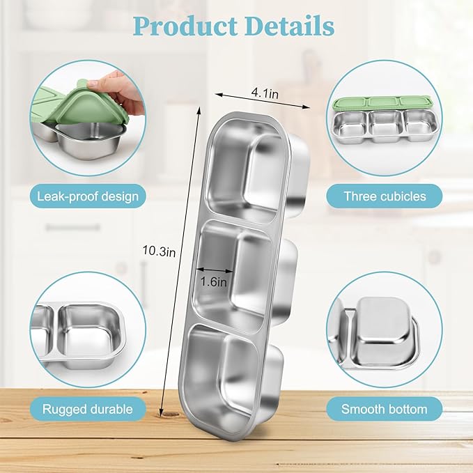 ﻿ 3 Compartment Stainless Steel Snack Containers with Silicone Lids, Reusable Food Storage Containers ，snackle box container for School ，Travel, Outdoor, Camping.