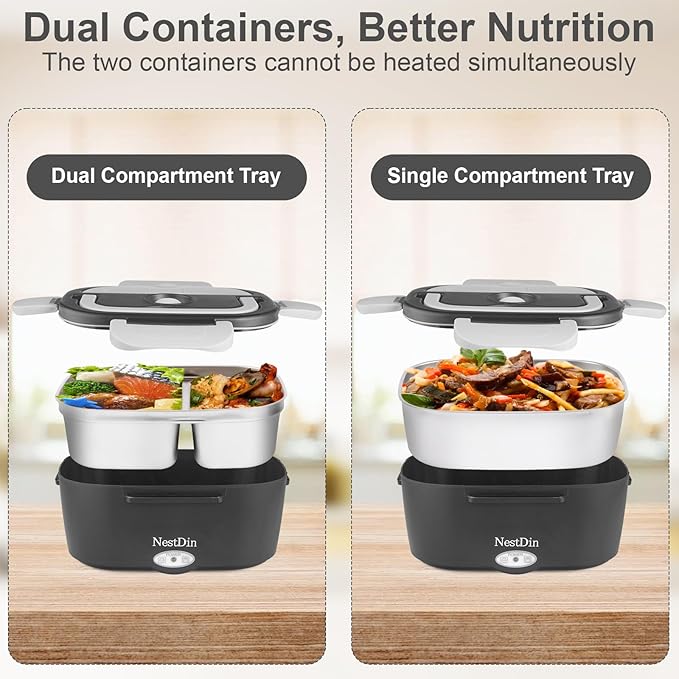 80W Heated Lunch Box for Men, 1.5L Portable Electric Lunchbox with Dual Containers and Lids, Food Warmer Lunch Box with Utensils and Insulated Bag for Work Car Truck Office