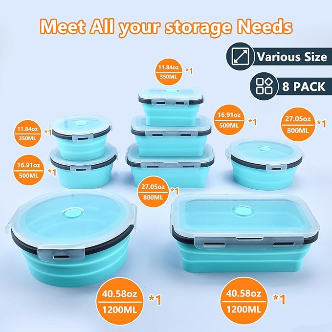 8 Pack Collapsible Food Storage Containers with Lid & Air Vent, 4 Rectangular and 4 Round Foldable Collapsible Storage Containers Sets, Lunch Bowls for Travel, Microwave Freezer Dishwasher Safe
