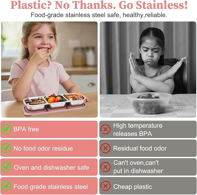 ﻿ 3 Compartment Stainless Steel Snack Containers with Silicone Lids, Reusable Food Storage Containers ，snackle box container for School ，Travel, Outdoor, Camping.