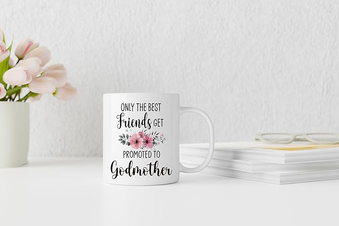 QASHWEY Godmother Mug, Godmothers Gifts Coffee Mug, Pregnancy Announcement Mug Tea Cup Gifts for Friends Women, Mothers Day Gifts for Godmothers, Promoted to Godmother Coffee Cups Ceramic 11oz
