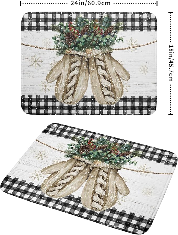 Christmas Dish Drying Mat for Kitchen Counter 18x24 Inches, Xmas Winter Glove Snowflake Buffalo Checked Plaid Microfiber Absorbent Dishes Drainer Rack Pads under Sink