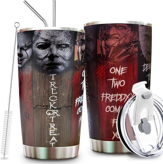 Horror Tumbler with Lid and straw - Gift for Men, Women Who Love A Good Scare - Halloween Coffee Cup - Gifts for Friend on Birthday, Christmas - Halloween Decorations - Horror Tumbler 20 Oz
