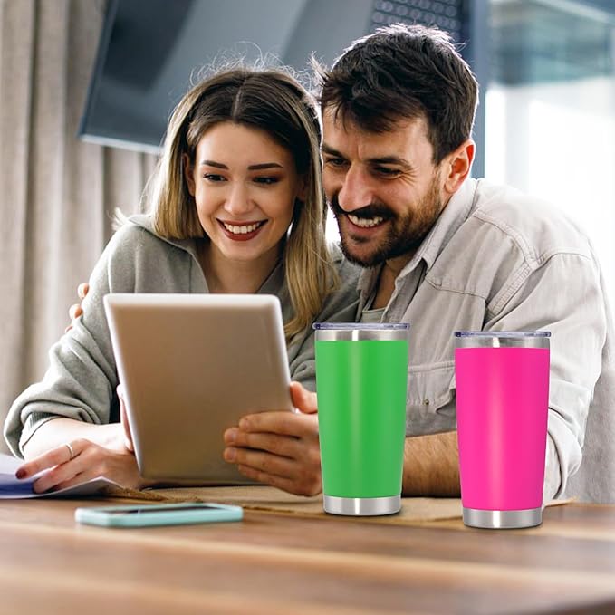 20 oz Tumbler with lid Double Wall Vacuum Insulated Tumblers Stainless Steel Coffee Mug Travel Coffee Tumbler Powder Coated Tumbler Cup Keep Hot&Cold - (Hot Pink 6 Pack)