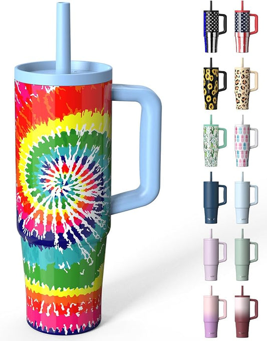 TILUCK 30 oz Tumbler with Handle, Vacuum Insulated Stainless Steel Travel Mug with 100% Leak-Proof Silicone Straw Lid, Cupholder Friendly Water Bottle(RotatingRainbow, 30oz)