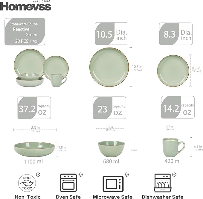 Eur-Nordic Shape Raising Rim 20pc Dinnerware Set, Shiny Glaze Green with Speckle Effect