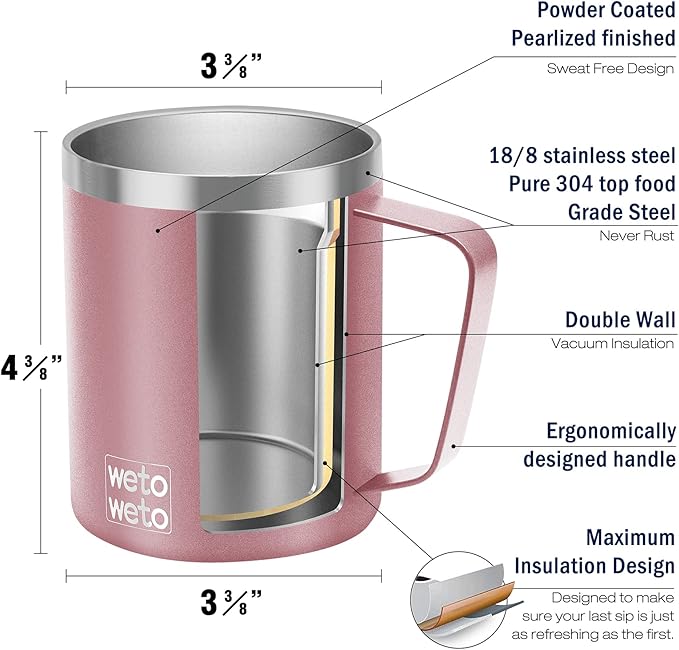 WETOWETO 14 oz Coffee Mug, Vacuum Insulated Camping Mug with Lid, Double Wall Stainless Steel Travel Tumbler Cup, Coffee Mugs Outdoor, Rose Gold & Cool Grey 2 Packs