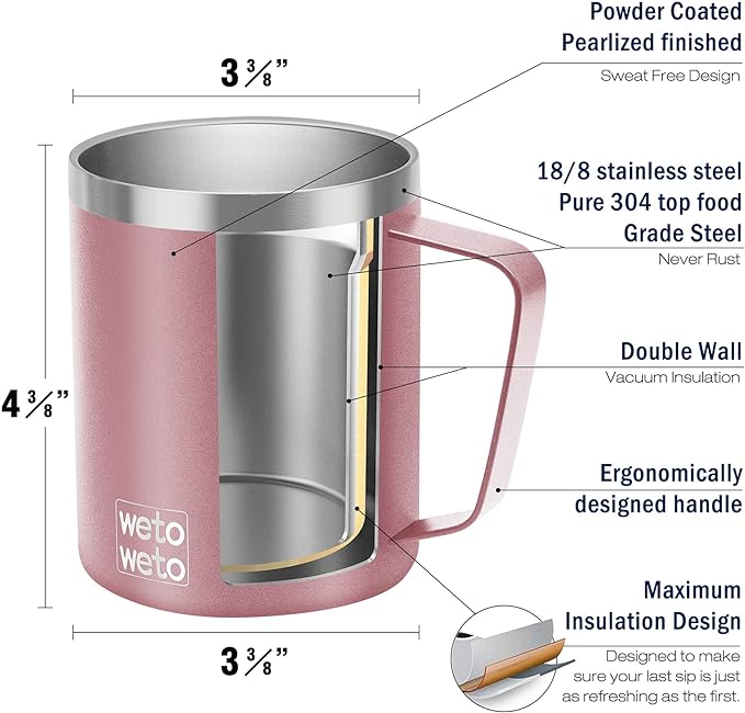 WETOWETO 14 oz Coffee Mug, Vacuum Insulated Camping Mug with Lid, Double Wall Stainless Steel Travel Tumbler Cup, Coffee Mugs Outdoor, Powder Coated Rose Gold Set of 2