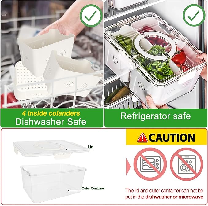 shopwithgreen Fruit Storage Containers for Fridge with Lid and Handle, Portable Fresh Produce Saver, Food Box Container with 4 Removable Colanders for Berry, Vegetable, Refrigerator Organizer Bins
