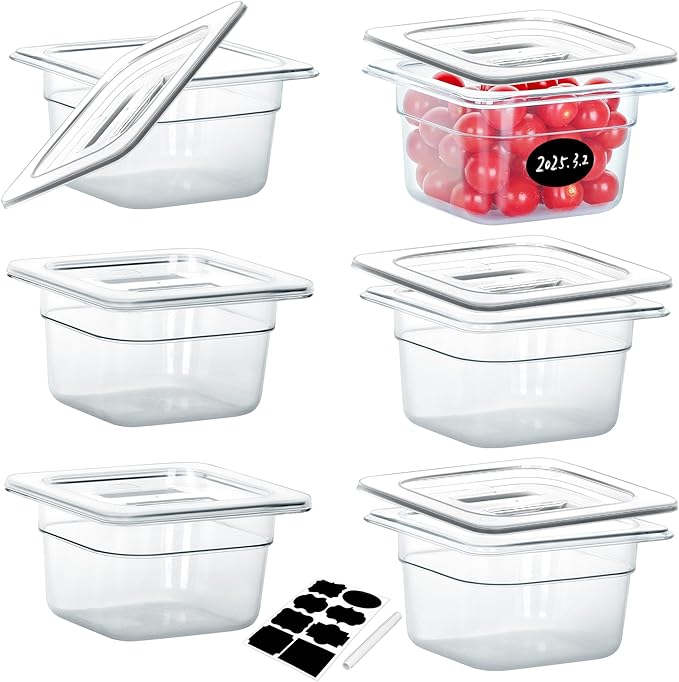 6 Pack NSF Food Pans with Lids, 1/6 Size 4'' Deep Commercial Food Storage Containers, Polycarbonate, Clear