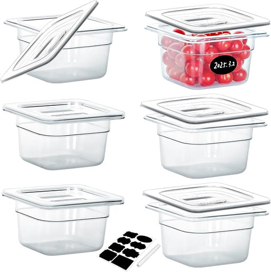 6 Pack NSF Food Pans with Lids, 1/6 Size 4'' Deep Commercial Food Storage Containers, Polycarbonate, Clear