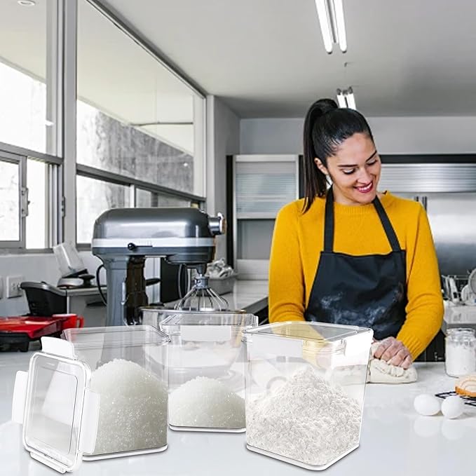 Set Of 3 Large Food Storage Jars 4L - Airtight Containers with Lids,Sugar and Flour Containers Set with Spoon,Kitchen Canisters for Sugar,Flour, Coffee,Pantry Organization Keeper(Clear-3 Pack)