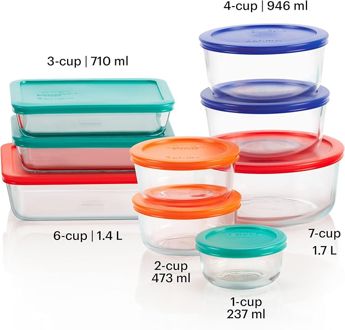 Pyrex Simply Store 9-Pack Mixed Sized Glass Food Storage Set, Round & Rectangular Containers With Lids, BPA-Free, Dishwasher & Microwave Safe