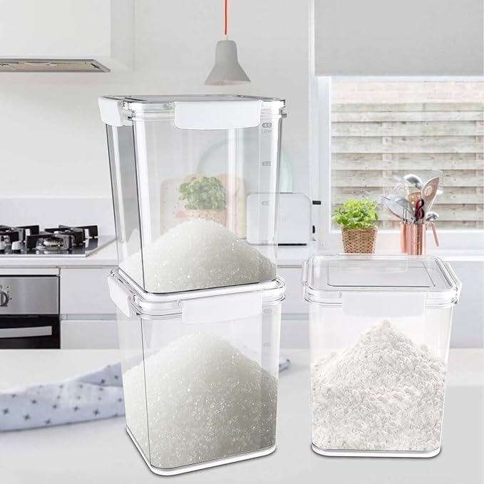 Set Of 3 Large Food Storage Jars 4L - Airtight Containers with Lids,Sugar and Flour Containers Set with Spoon,Kitchen Canisters for Sugar,Flour, Coffee,Pantry Organization Keeper(Clear-3 Pack)