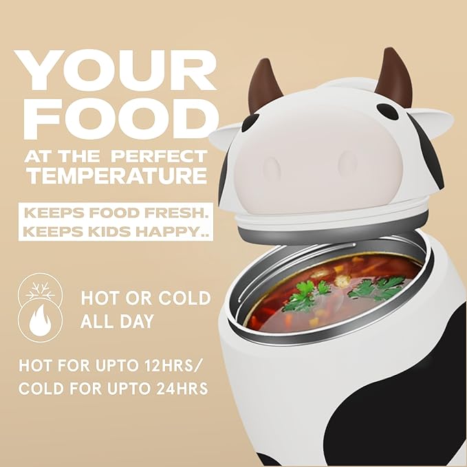 Bestie Foodie Kids Insulated Food Jar – Cute Character Lunch Container for Children, BPA-Free Stainless Steel, Leakproof & Vacuum Sealed, Keeps Food Hot or Cold, Easy to Clean, 16oz