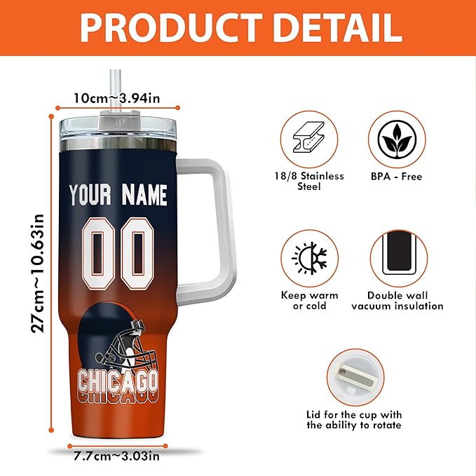 Personalized 40oz Football Stainless Steel Tumbler with Handle & Straw, Custom Insulated Travel Mug, Add Name & Number Cup, Coffee Gift for Sports Fans (Chicago-01)