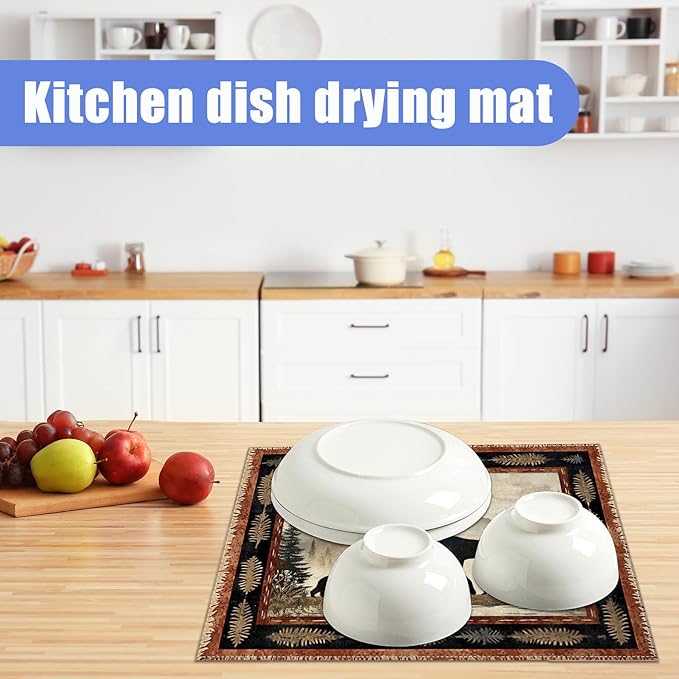 Rustic Bear Dish Drying Mat for Kitchen Counter Wild Animals Drying Pad Absorbent Reversible Dish Drainer Rack Mats Draining Pad 18"x24"Inch