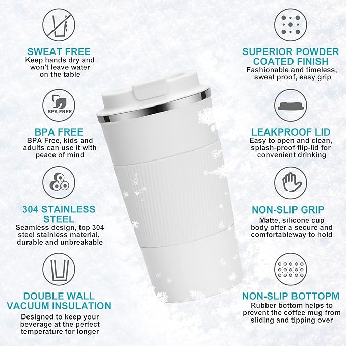 12oz Travel Coffee Cups Insulated Tumbler Thermal Mug to Go with Lid Leak Proof Reusable Stainless Steel Coffee Mug Spill Proof for Hot and Iced Cold Drinks (White, 380ml)