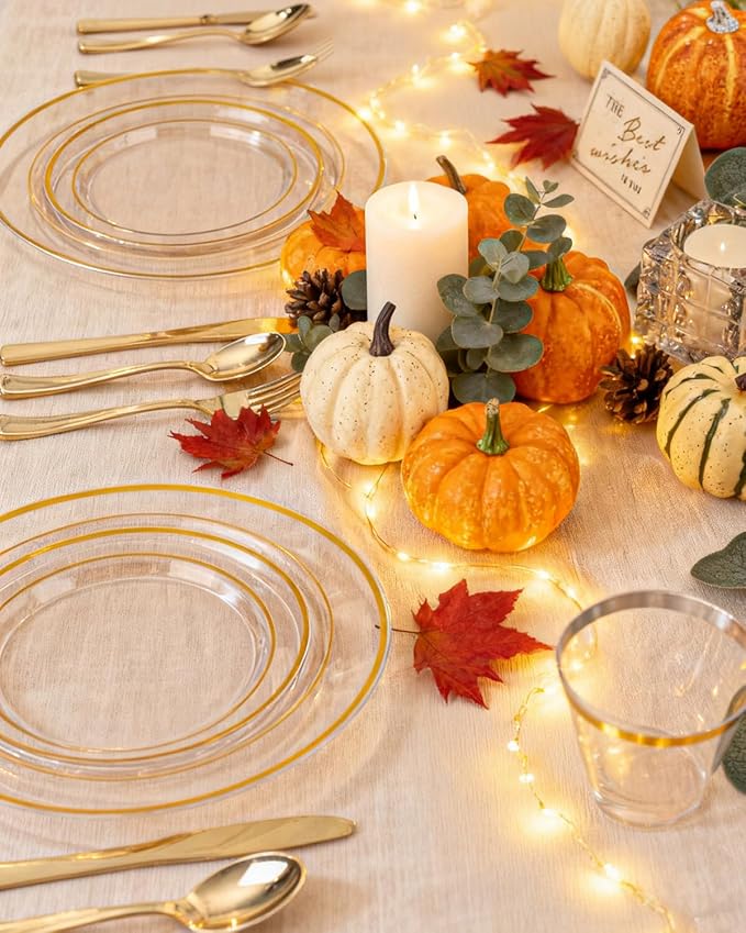 bUCLA 150Pcs Clear Gold Plastic Dinnerware Set - Clear and Gold Disposable Plates Include 25 Dinner / 25 Dessert Plates,25 Knives,25 Forks,25 Spoons,25 Cups for Party, Fall & Thanksgiving