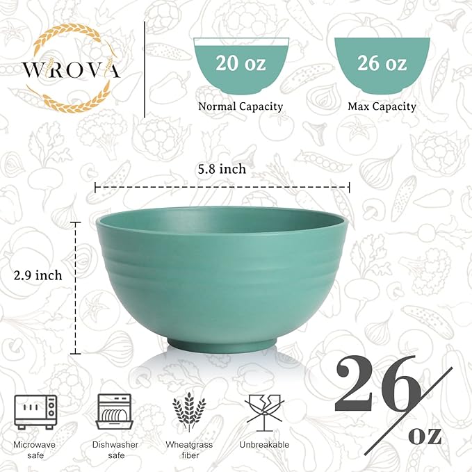 Wrova 6-piece Wheat Straw Bowls sets 26oz,Alternative Plastic Bowls Reusable for indoors and outdoors,Microwave-able and Dishwasher Safe Bowls Sets Easy to Clean.Green Series