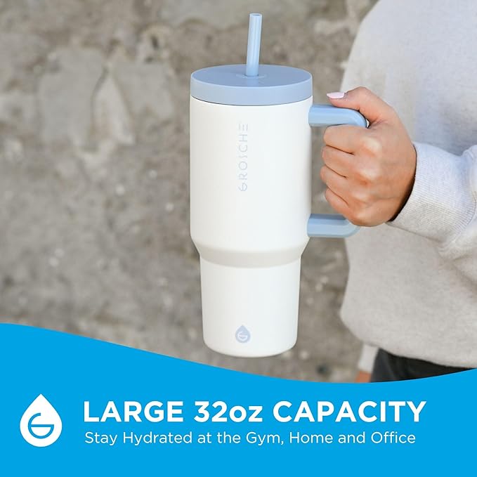 GROSCHE ASPEN 32 oz Tumbler with Handle and Straw. Extreme Insulation, Classy Design, Built to Last Insulated Stainless Steel Tumbler with Handle, Lid and Straw - Frost White