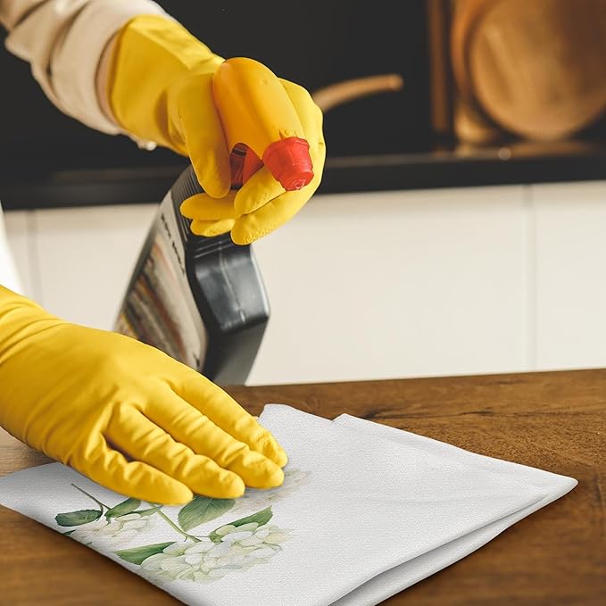 White Hydrangea Flowers Floral Kitchen Towels Set of 2 - Flowers Decorative Hand Towels for Bathroom, White Hydrangea Decor Dish Towels for Kitchen, Floral Hand Towels, 16x24