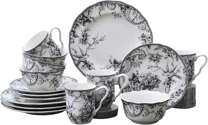 222 Fifth Adelaide 16-Piece Black Porcelain Dinnerware Set – Service for 4, Featuring Hand-Applied Romantic Woodland Bird Design, for Everyday Dining & Entertainment, Microwave & Dishwasher Safe