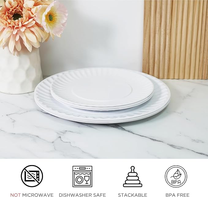 TP Melamine Dinner Plates Set of 8, 8" Salad Dessert Plates and 10.5" Dinner Plates, Dinnerware Set for 4, Indoors and Outdoors, White