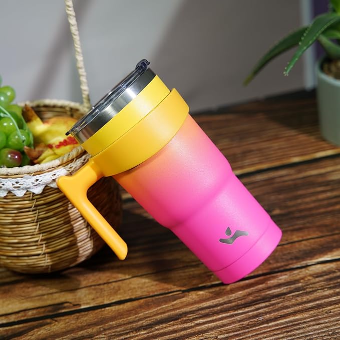 20 oz Tumbler with Handle and 2 Straw 2 Lid, Insulated Water Bottle Stainless Steel Vacuum Cup Reusable Travel Mug,Rainbow