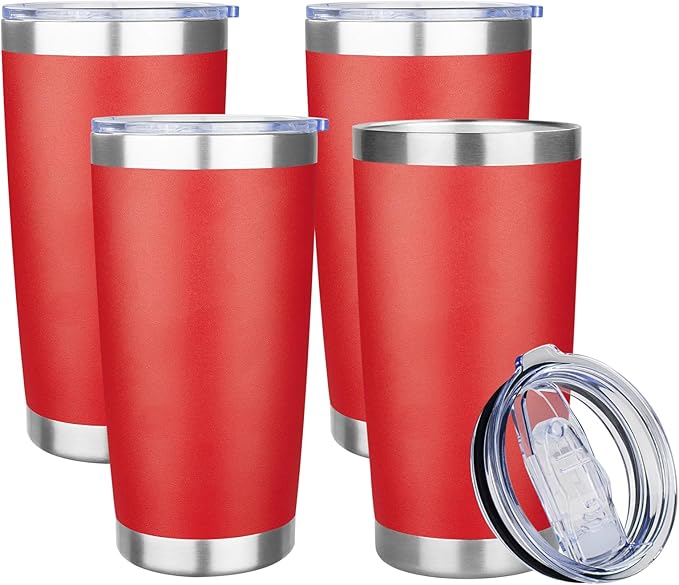 20oz Tumbler with Lid Stainless Steel Insulated Tumblers Travel Coffee Tumbler Bulk Double Wall Vacuum Insulated Water Cup Christmas Gifts for Women Men Her Him Home Office (Red, 4pack)