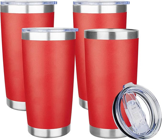 20oz Tumbler with Lid Stainless Steel Insulated Tumblers Travel Coffee Tumbler Bulk Double Wall Vacuum Insulated Water Cup Christmas Gifts for Women Men Her Him Home Office (Red, 4pack)