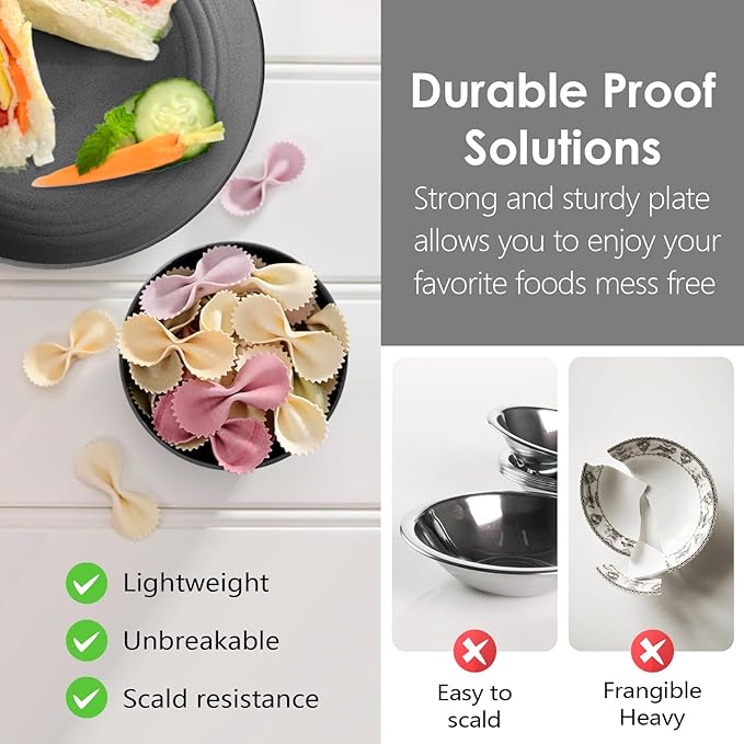 Teivio 32-Piece Kitchen Plastic Wheat Straw Dinnerware Set, Service for 8, Dinner Plates, Dessert Plate, Cereal Bowls, Cups, Unbreakable Colorful Plastic Outdoor Camping Dishes, Gray Matte