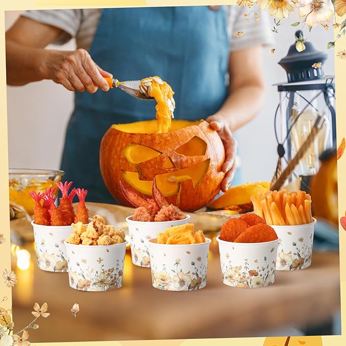 50 Pack Fall Floral Treat Snack Cups Autumn Flowers Paper Ice Cream Cups 9 oz Watercolor Flower Disposable Dessert Bowls for Hot or Cold Food Fall Wedding Baby Shower Birthday Party Supplies