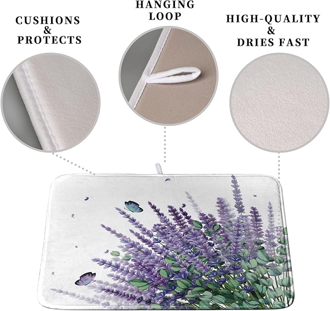 Purple Lavender Dish Drying Mat for Kitchen Counter Spring Summer Floral Microfiber Dish Drainer Mats Green Leaves Butterfly Absorbent Reversible Dish Drainer Rack Mat 16x18 Inch