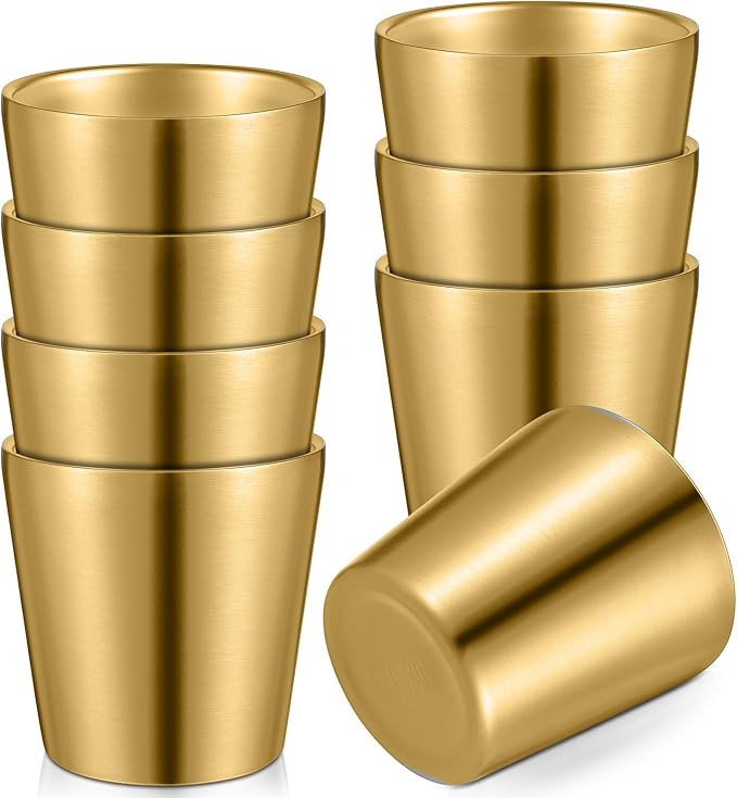 8 Pack Stainless Steel Insulated Cup Metal Tumbler Double Wall Vacuum Water Glasses Camping Reusable Mugs Bbq Home Office Party Coffee(Gold,5.9 oz)