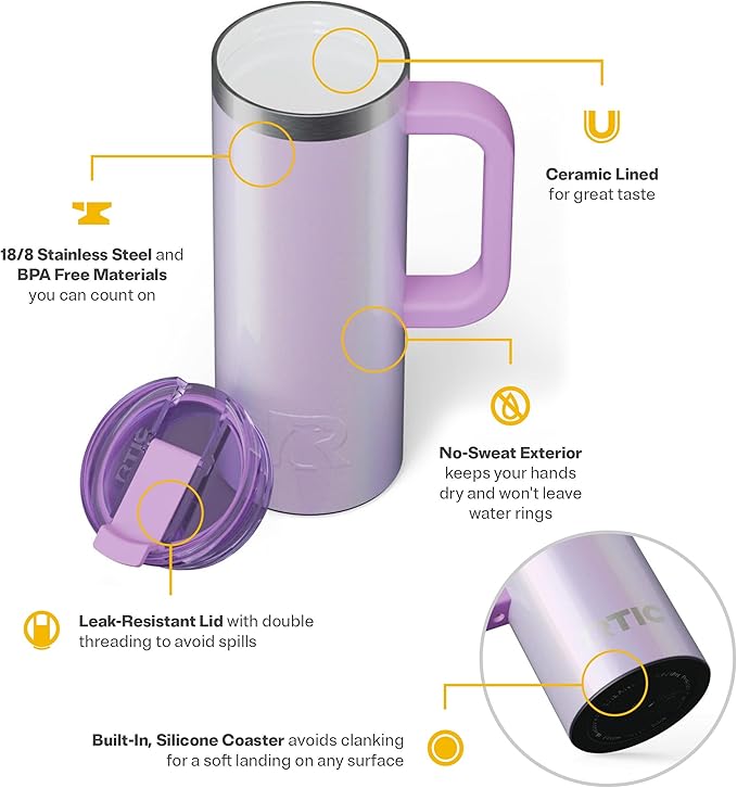 RTIC 20oz Road Trip Travel Mug with Lid and Handle, Ceramic Lined, Insulated, Stainless Steel, Metal, Double Wall Vacuum-Insulation, Portable Coffee, Tea Cup for Hot and Cold Drink, Lavender Glitter