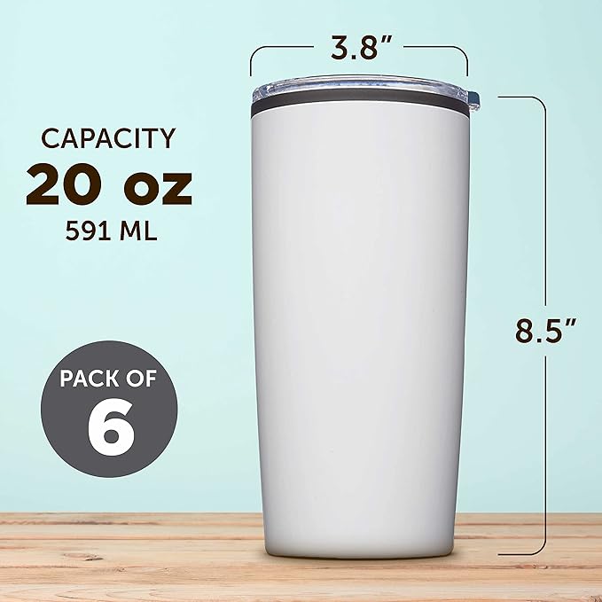 DISCOUNT PROMOS Plastic Tumblers 20 oz. Set of 6, Bulk Pack - With lids, Ice Coffee Tumbler, To Go Cup, Insulated - White