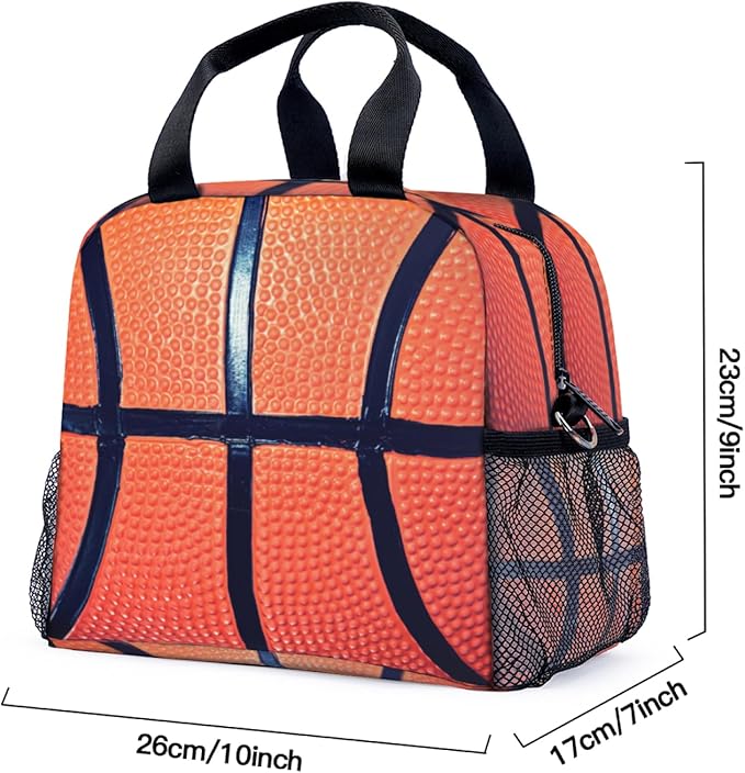 Basketball Lunch Bag for Women Men Cute Large Capacity Thermal Lunch Tote Reusable Washable with Adjustable Shoulder Strap and Dual Large Mesh Side Pockets