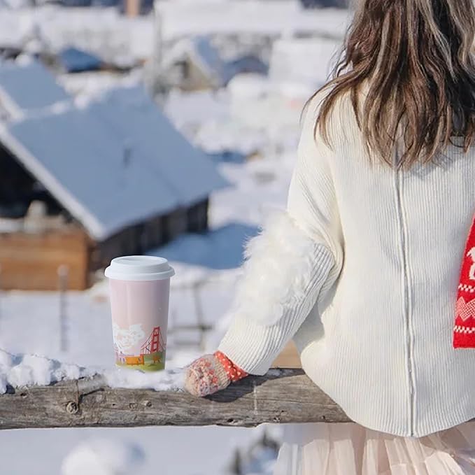 US Landmarks Travel Coffee Mug, Ceramic Coffee Travel Mug with Lid 12 Oz Double-wall To Go Travel Latte Cup for Car-Cup-Holder, Pale Pink for Women Men Girl Boy Sister Friends Birthday Christmas Gift