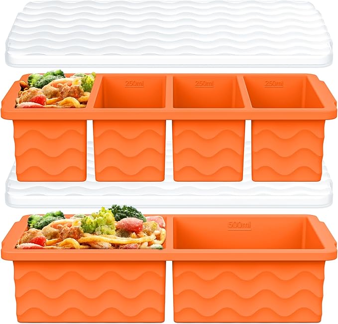 Silicone Freezer Molds for Soup with Lid, 1-Cup & 2-Cup Large Ice Cube Trays Food Storage Containers for Meal Prep, Freeze 250mL/125mL Portions – 2 Pack