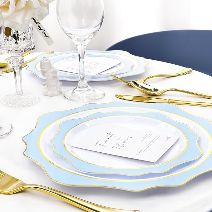 100 PCS White and Blue Disposable Plates for 50 Guests, Scalloped Plastic Plates Include 50 Dinner Plates and 50 Dessert Plates for Party, Wedding and Graduation