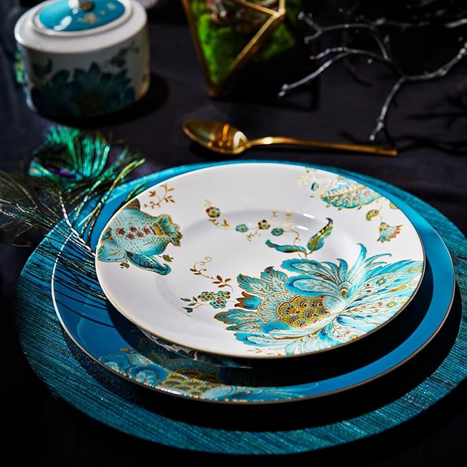 222 Fifth 16-Piece Porcelain Dinnerware Set for 4, Elegant Floral Plates and Bowls Sets-White, Teal, Gold Ceramic Dishes, Chip Resistant Kitchen and Dining Dish Set, Microwave & Dishwasher Safe, Eliza