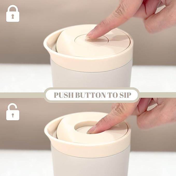 12 oz Push Button Lid Stainless Steel Travel Mug | Double Wall Insulated, Leak-Proof | Keeps Drinks Hot for 6hrs & Cold for 12hrs | Dishwasher Safe | Perfect for Coffee, Tea & More (Beige Gray)