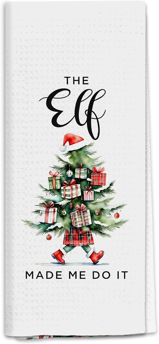 Christmas Tree Elf Kitchen Towels, Winter Xmas Tree Dish Tea Towels for Kitchen, Rustic Holiday Christmas Cute Elf Decorative Hand Towel for Bathroom, 16x24 Inch