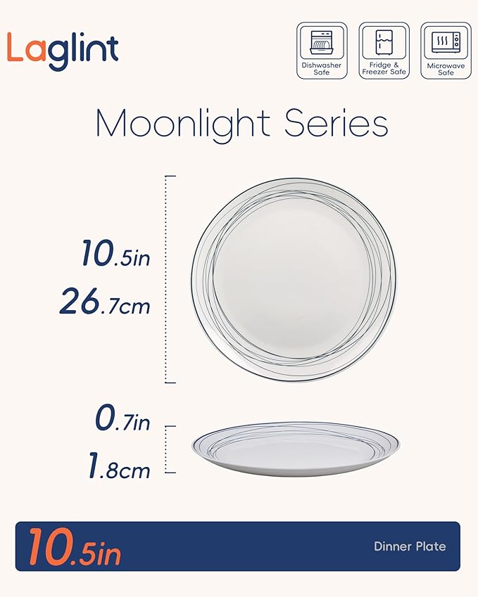 10.5 inch Dinner Plate Set of 6, Lightweight Round Opal Glass Dinnerware Plates, Dishwasher and Microwave Safe, Blue Modern Geometric Design