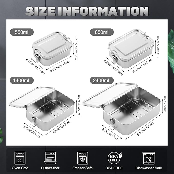 Umigy 12 Pcs Stainless Steel Food Containers 550/850/1400/2400 ml Metal Bento Lunch Box Stainless Steel Food Storage Containers, Lockable Clips to Leak Proof, Reusable Dishwasher Snack Boxes for Work
