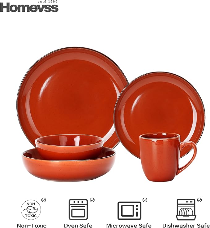 Eur-Nordic Shape Raising Rim 20pc Dinnerware Set, Shiny Glaze Orange with Speckle Effect