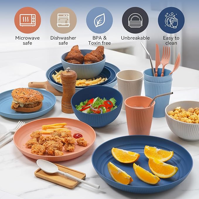 Wheat Straw Dinnerware Sets,48-Piece Plates and Bowls Sets for 6-Unbreakable,Reusable Plastic Dish Set-Dinner Plate/Dessert Plate/Cereal Bowl/Cup/Utensils-Microwavable Dishwasher Safe 48P-Light Gray